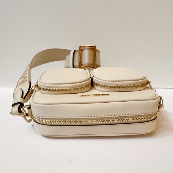 Michael Kors Jet Set Item Medium Crossbody Leather Bag Tech Attached Light Cream - Picture 10 of 14